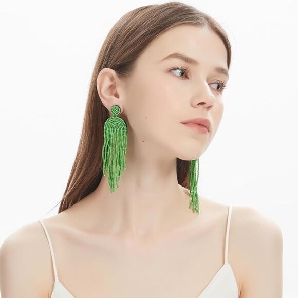 Long Boho Green Beaded Tassel Fringe Dangling Drop Fan Chandelier Post Earrings - Picture 6 of 7